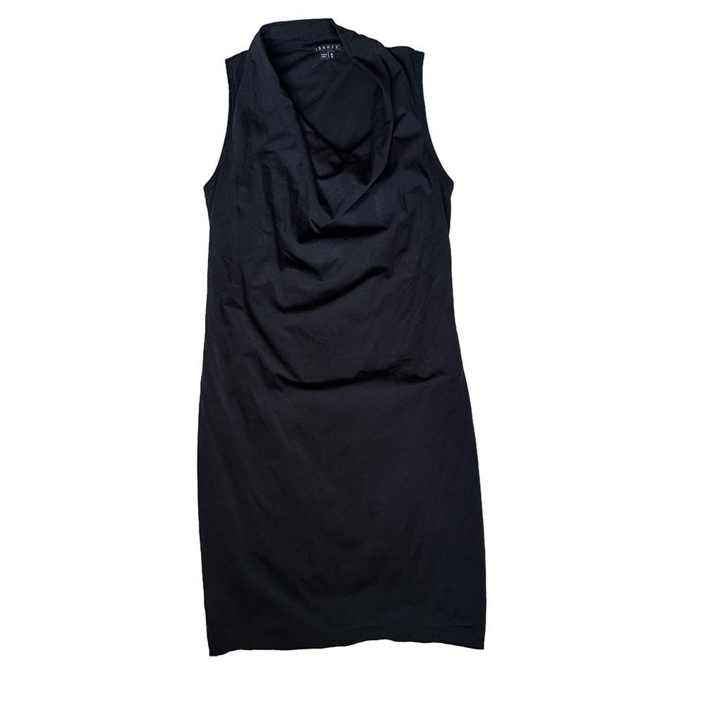 Theory cowl neck sleeveless double layer stretchy black shift dress Medium